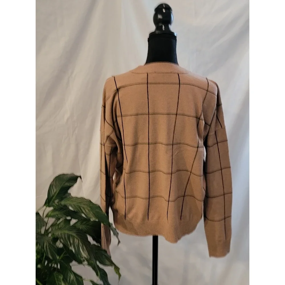 Tahari Womens Tan Black Windowpane Grid Crewneck Pullover Sweater Size Large - Picture 3 of 7